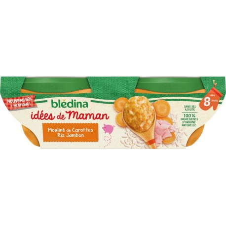 Blédina Bols Idees De Maman Plats bébé dès 8 mois Carotte Riz Jambon 200g x2 (lot de 3 soit 6 pots)