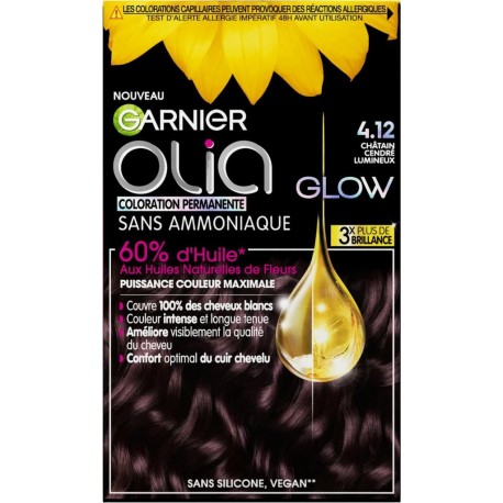GARNIER OLIA GLOW COLORATION PERMANENTE BOITE CARTON 1CT LONGUE DUREE 60% HUILES NATURELLES DE FLEURS CHATAIN CENDRE LUMINEUX CR