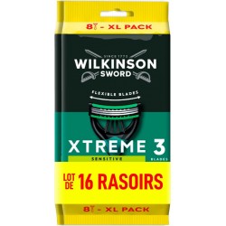 WILKINSON Rasoir Jetable Xtreme 3 Pour Homme Peau Sensible 3 Lames Flexibles lot de 2 paquets 8 rasoirs