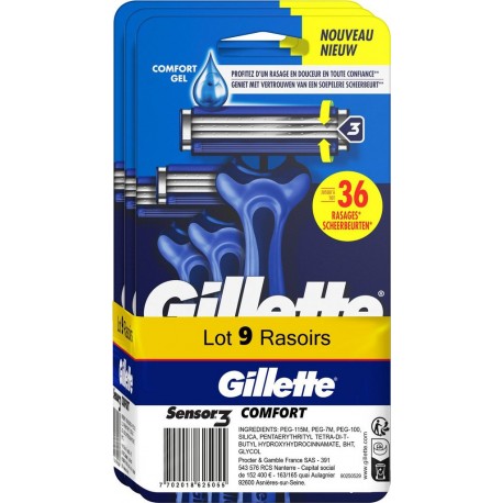 GILLETTE Rasoirs Jetables Sensor 3 Confort Gel Pour Homme les 3 paquets de 3 rasoirs jetables