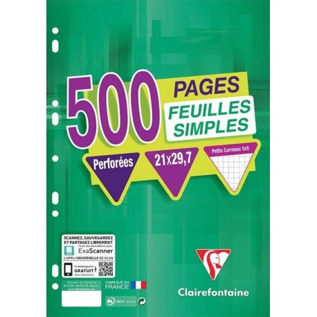 Clairefontaine 500 Feuilles Simples Perforées A4 21x29,7 Petits Carreaux (lot de 3)