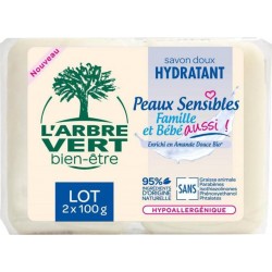 L'Arbre Vert Savon Doux Hydratant Peaux Sensibles Famille et Bébé à l’Amande Douce Bio par 2 de 100g (lot de 6 soit 12 savons)