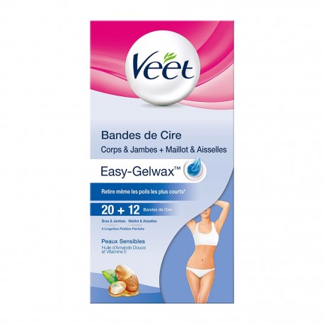 Veet Bandes de Cire Corps & Jambs + Maillot & Aisselles Easy Strip Peaux Sensibles (lot de 2)
