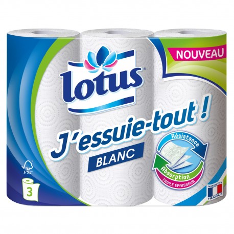 Lotus J’essuie-tout! Blanc Résistance Absorption Triple Épaisseur 3 rouleaux (lot de 4 soit 12 rouleaux)