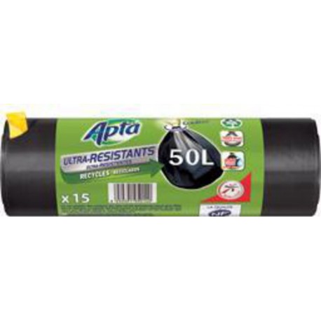 Apta Sacs poubelle liens coulissants ultra résistants 50L x15 sacs