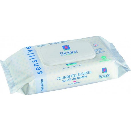 Biolane Sensitive Lingettes Epaisses au Lait de Toilette Sans Parfum x72
