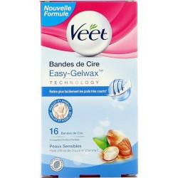 Veet Bandes de Cire Easy-Gelwax Technology Peaux Sensibles par 16 Bandes de Cire