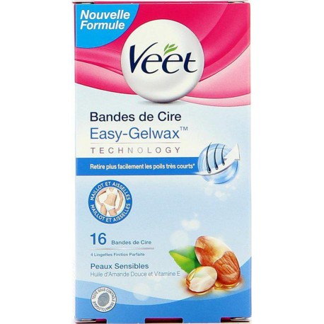 Veet Bandes de Cire Easy-Gelwax Technology Peaux Sensibles par 16 Bandes de Cire